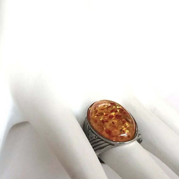 Silver Honey Amber Cocktail Ring Size 7 8 10 Yellow Orange Simulated Oval Cut - Picture 6 of 10